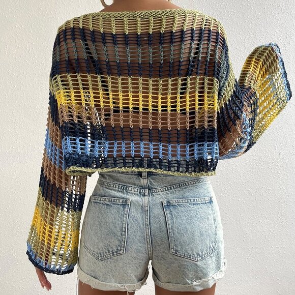 Multicolor Colorblock Women's Hollow Out top - Picture 2 of 6